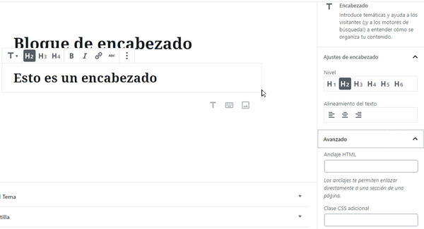Interfaz y opciones del bloque de encabezado