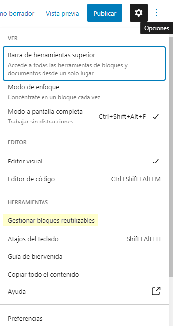 Acceso a la gestión de bloques reutilizables de WordPress